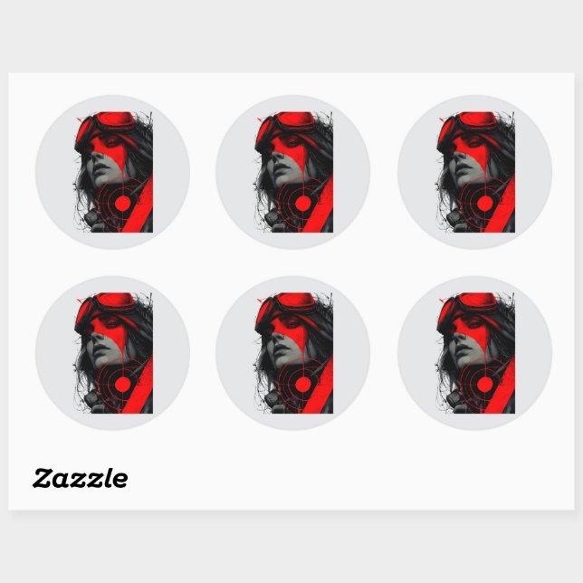 Edgy Cyberpunk Dystopian Girl Red Target Classic Round Sticker (Sheet)