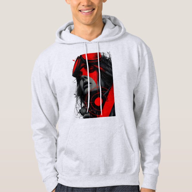 Edgy Cyberpunk Dystopian Girl Red Target Hoodie (Front)