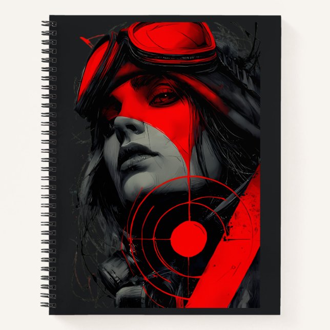 Edgy Cyberpunk Dystopian Girl Red Target Notebook (Front)