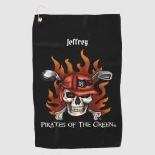 Edgy Flame Skull Pirate Golfer Golf Towel