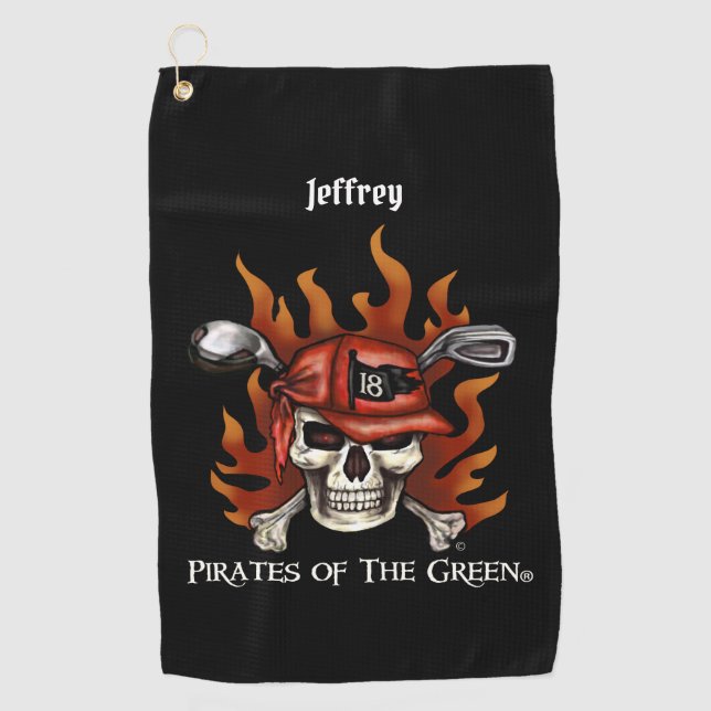 Edgy Flame Skull Pirate Golfer Golf Towel (Front)