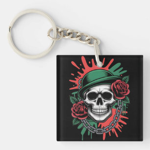Edgy Graphic Art: Skull in Bowler Hat with Roses Key Ring
