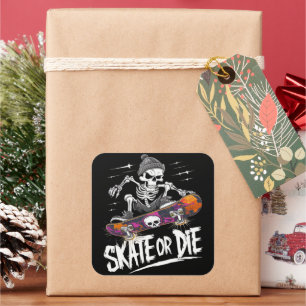 Edgy Halloween Skeleton Riding Skateboard: Monochr Square Sticker