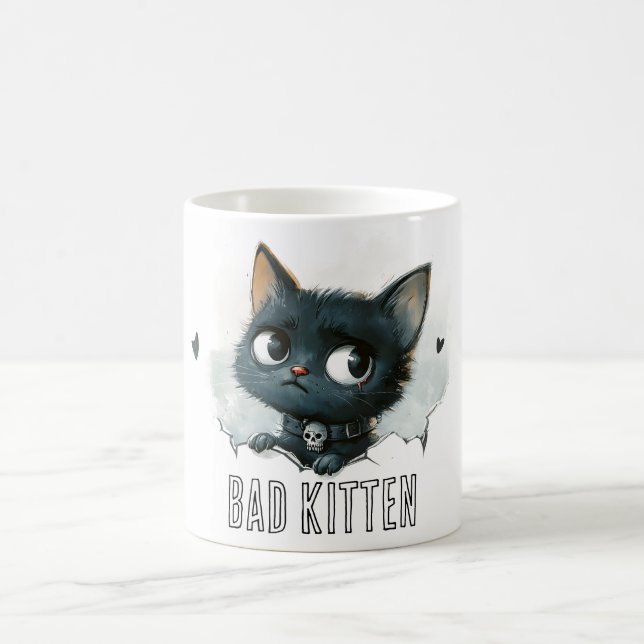 Edgy Kitten Illustration - "Bad Kitten" Text Coffee Mug (Center)