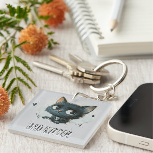 Edgy Kitten Illustration - "Bad Kitten" Text Key Ring