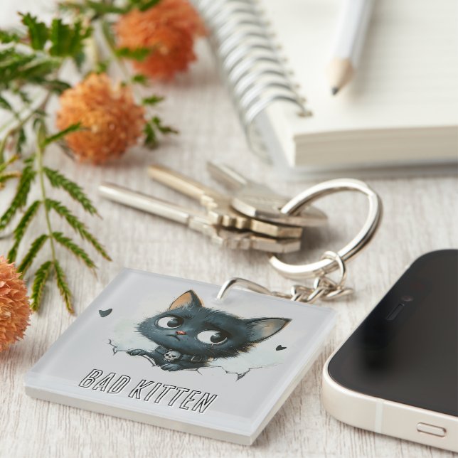Edgy Kitten Illustration - "Bad Kitten" Text Key Ring (Front Right)