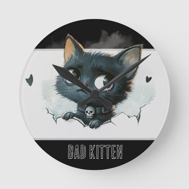 Edgy Kitten Illustration - "Bad Kitten" Text Round Clock (Front)