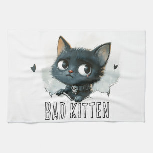 Edgy Kitten Illustration - "Bad Kitten" Text Tea Towel