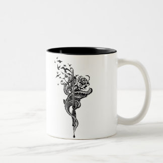 Edgy Lace Pen, Rose & Birds illustration Two-Tone Coffee Mug