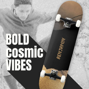Edgy Modern Black Gold Cosmic Skateboard