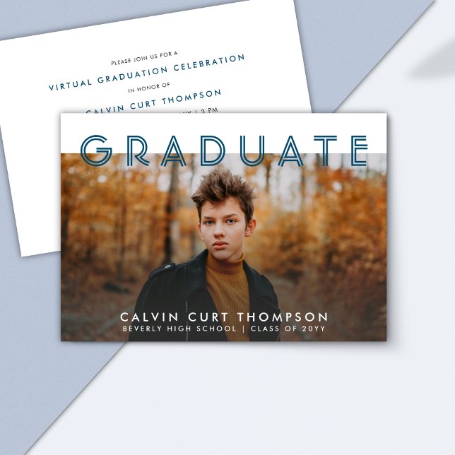 Edgy Navy Blue Photo Virtual Graduation for Boys Invitation (Creator Uploaded)