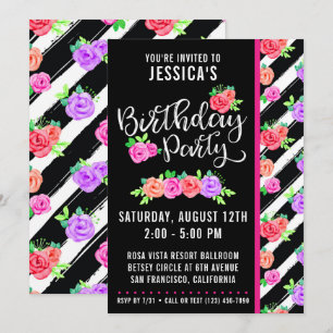 Edgy Roses & Modern Stripes Birthday Invitation