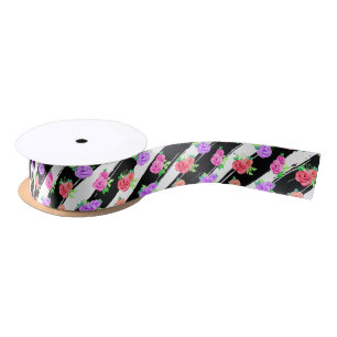 Edgy Roses & Modern Stripes Floral Fashion Party Satin Ribbon