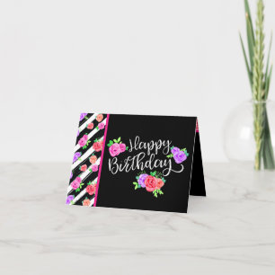 Edgy Roses & Modern Stripes Happy Birthday Card