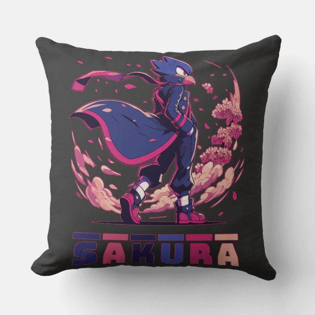 Edgy Sakura Warrior Bird Anime Illustration Cushion (Front)