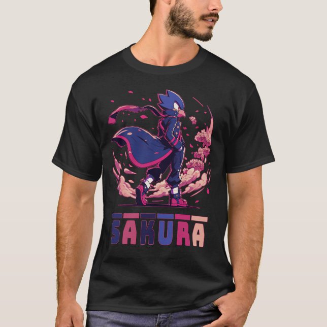Edgy Sakura Warrior Bird Anime Illustration T-Shirt (Front)