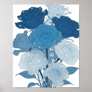 Edgy Silver BLUE ROSES Design Poster