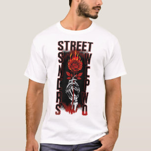 Edgy Skeleton Hand Holding Burning Rose Streetwear T-Shirt