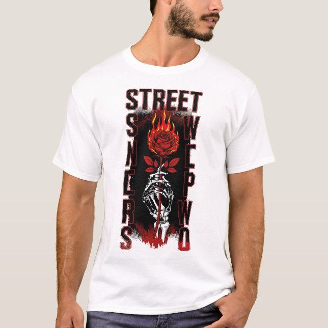 Edgy Skeleton Hand Holding Burning Rose Streetwear T-Shirt (Front)