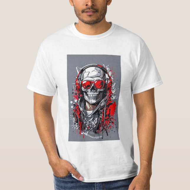 Edgy Skull with Headphones and Red Accents T-Shirt (Front)