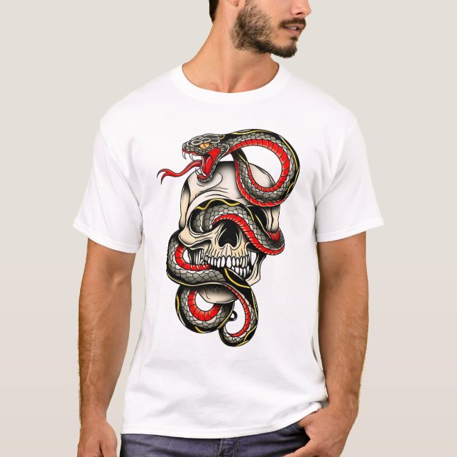 Edgy Snake Wrapped Skull Graphic Tee (Front)