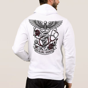 Edgy Tattoo Nurse Skull & Healing Hands Caduceus  Hoodie
