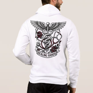 Edgy Tattoo Nurse Skull & Healing Hands Caduceus Hoodie