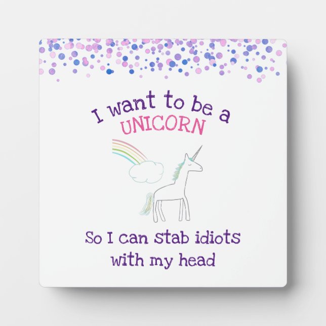 Edgy Unicorn with Rainbow and Confetti Funny Plaque (Front)
