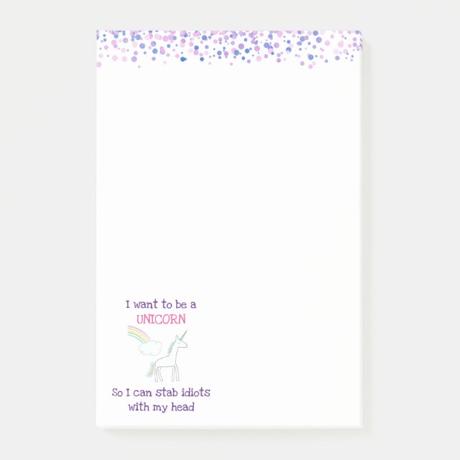 Edgy Unicorn with Rainbow and Confetti Funny Post-it Notes (Front)