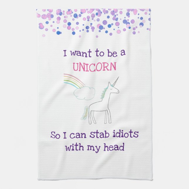 Edgy Unicorn with Rainbow and Confetti Funny Tea Towel (Vertical)
