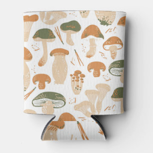 Edible Mushrooms Linocut Vintage Pattern Can Cooler