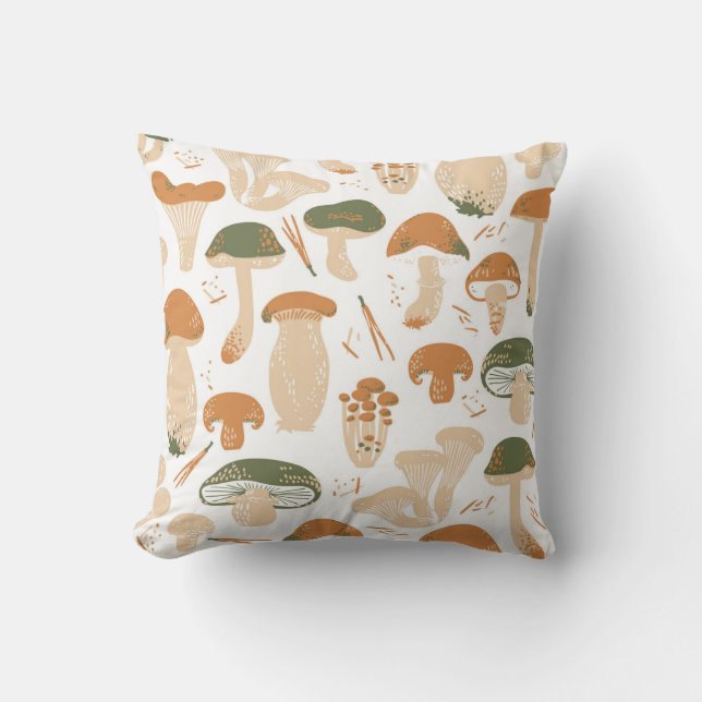 Edible Mushrooms Linocut Vintage Pattern Cushion (Front)