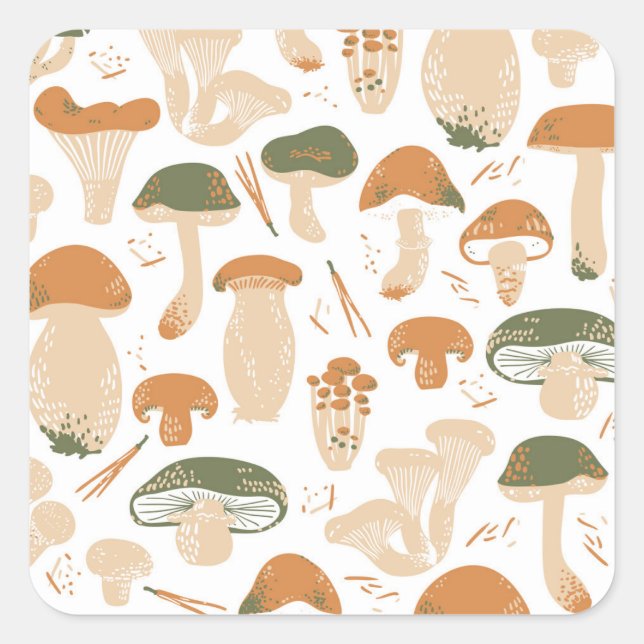Edible Mushrooms Linocut Vintage Pattern Square Sticker (Front)