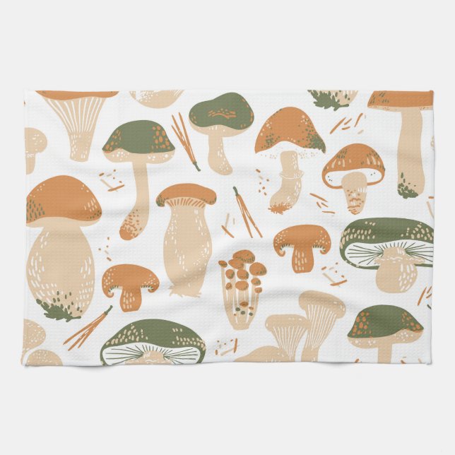 Edible Mushrooms Linocut Vintage Pattern Tea Towel (Horizontal)