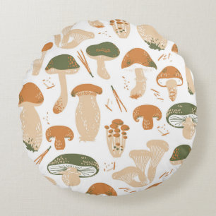 Edible Mushrooms seamless pattern. Linocut old sty Round Cushion