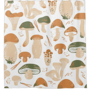 Edible Mushrooms seamless pattern. Linocut old sty Shower Curtain