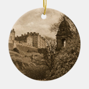 Edinburgh Castle Sepia Photograph Ceramic Tree Decoration