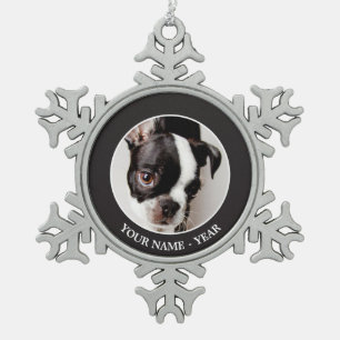Edison Boston Terrier puppy. Snowflake Pewter Christmas Ornament