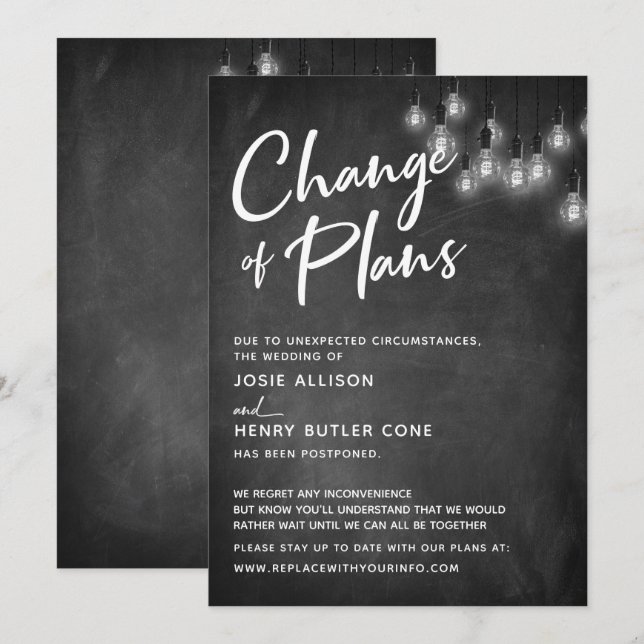 Edison Lights Change of Plans Postponed Wedding Invitation (Front/Back)
