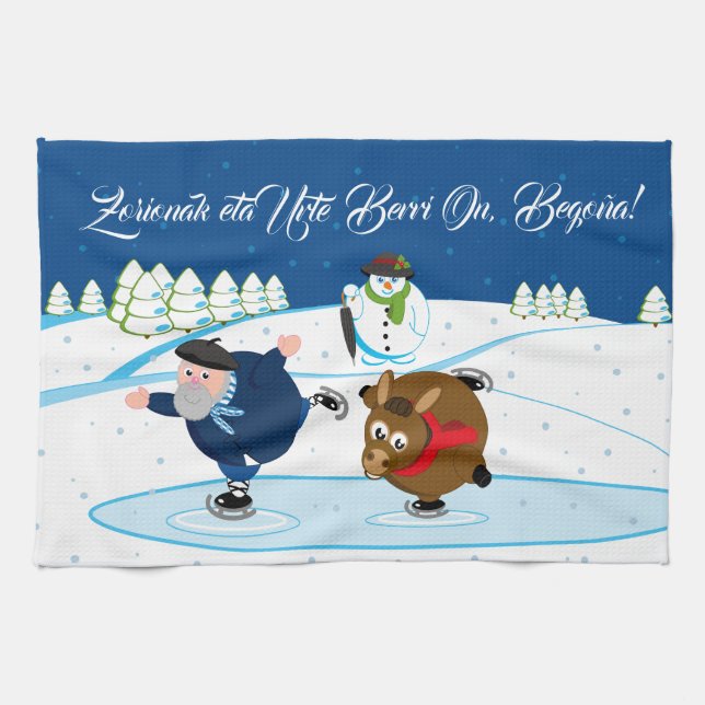 Edit, Christmas / Navidad, Olentzero ice skating, Tea Towel (Horizontal)