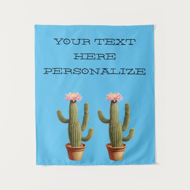 Edit Text Banner Cactus Flower Blue Background Tapestry (Front)