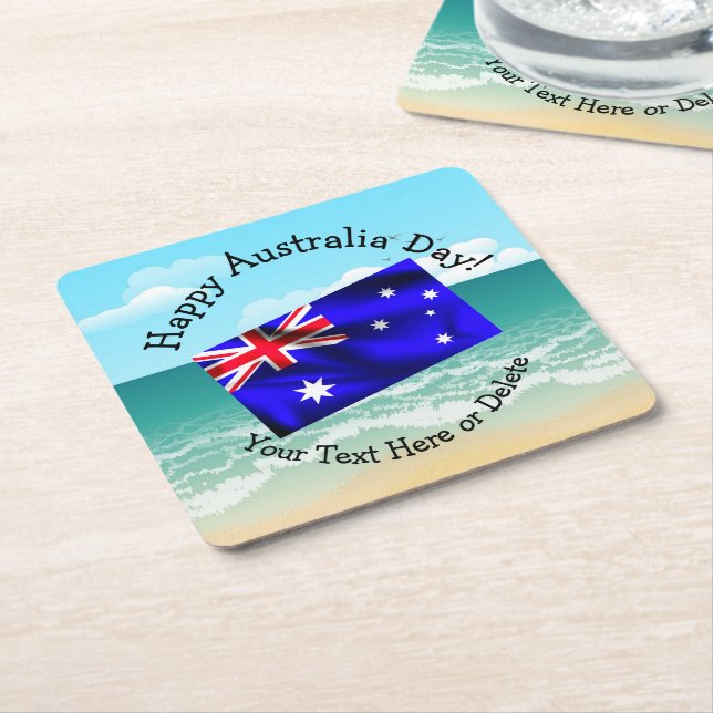 Edit Text Happy Australia Day Flag Ocean Beach 7" Square Paper Coaster (Angled)
