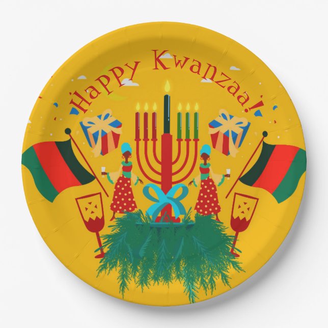 Edit Text Matching Kwanzaa Party 9" Paper Plate (Front)