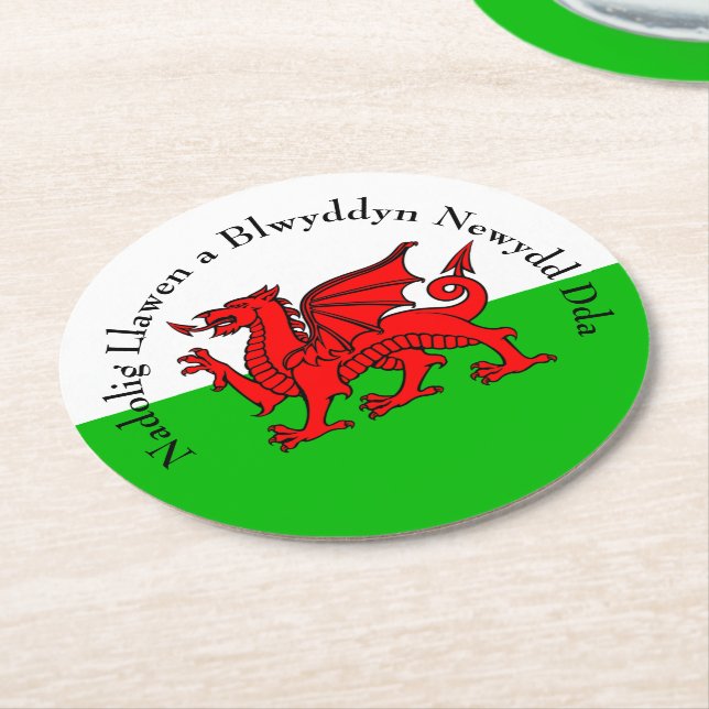 Edit Text Welsh Flag Red Dragon Christmas Round Paper Coaster (Angled)