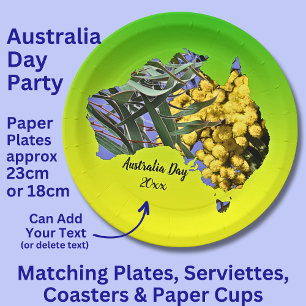 Edit Text Year, Australia Day Gum Leaf Wattle 9" Paper Plate