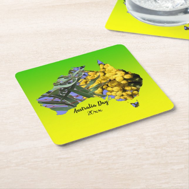 Edit Text Year, Australia Day Gum Leaf Wattle  Square Paper Coaster (Angled)