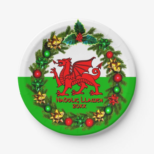 Edit Text Year Welsh Flag Red Dragon Christmas  7" Paper Plate (Front)