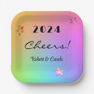 Edit YEAR, Cheers Gradient Rainbow 7-in Square Paper Plate