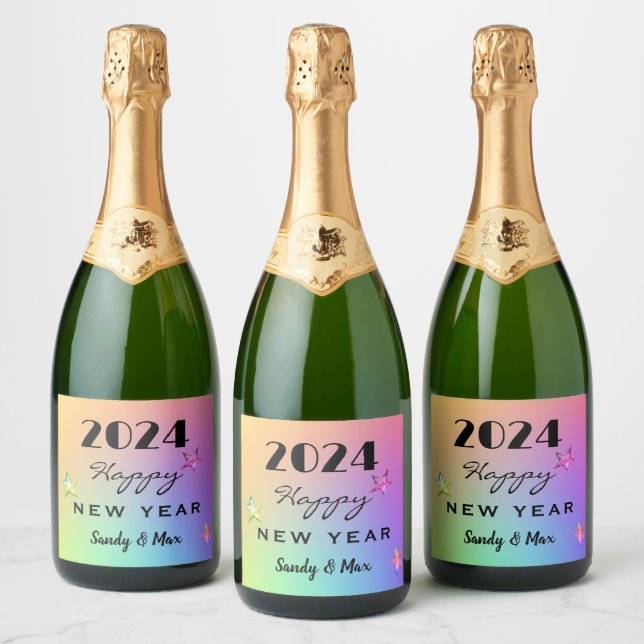 Edit YEAR, Colourful Happy New Year 202X Sparkling Wine Label (Bottles)