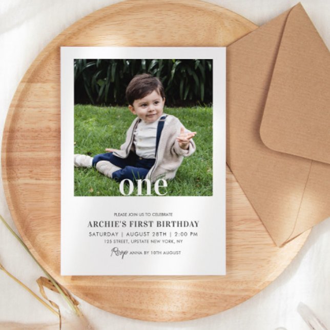 Editable 1st Birthday Photo Minimal Boy Picture Invitation (1st birthday boy invitations simple modern photo template )